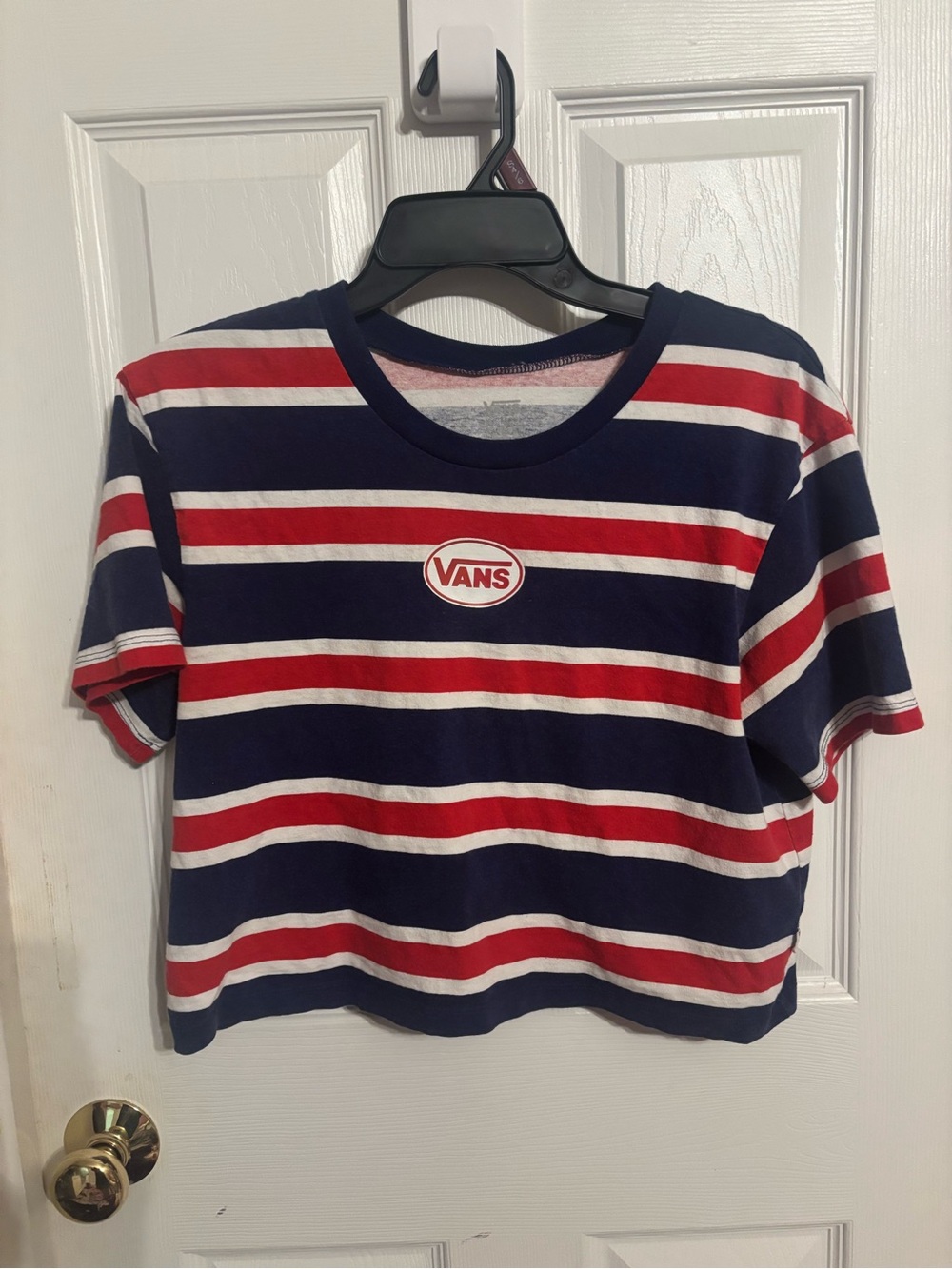 Vans women’s cropped Navy, Red & White Striped Logo Tee